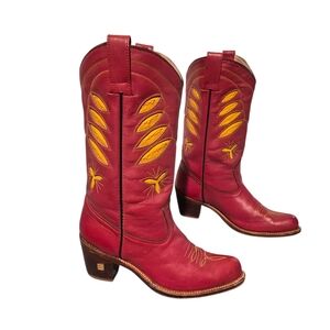 Vintage Sasson Red Leather Yellow Inlay Cowboy Western Boots Women's Size 7B
